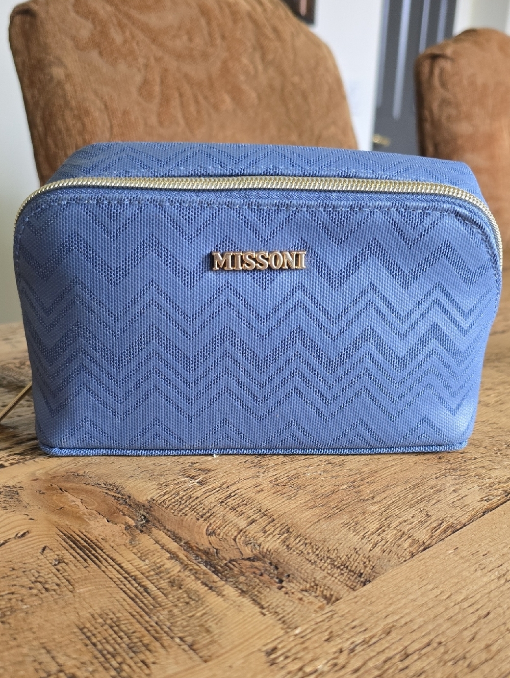 Missoni Blue Chevron Pouch with Gold Accents, Filled With Travel Essentials.